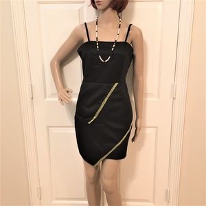 Solid Black Dress With Gold Braid Accent-Spaghetti Straps-Mini-LBD-Medium